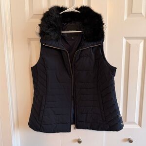 Talbots Navy Blue Quilted Hooded Puffer Vest with Faux Fur Trim